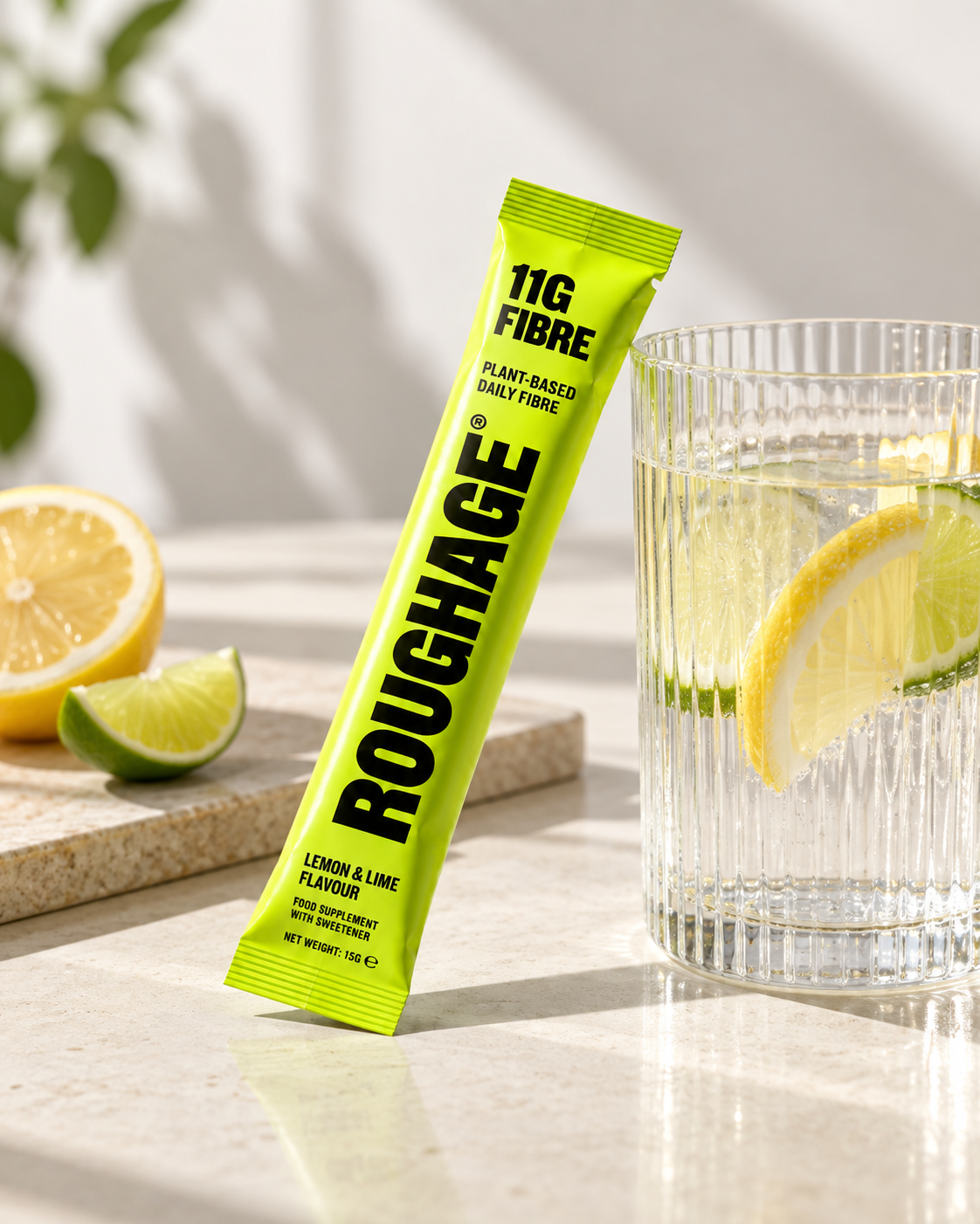 ROUGHAGE beside lemon and lime water